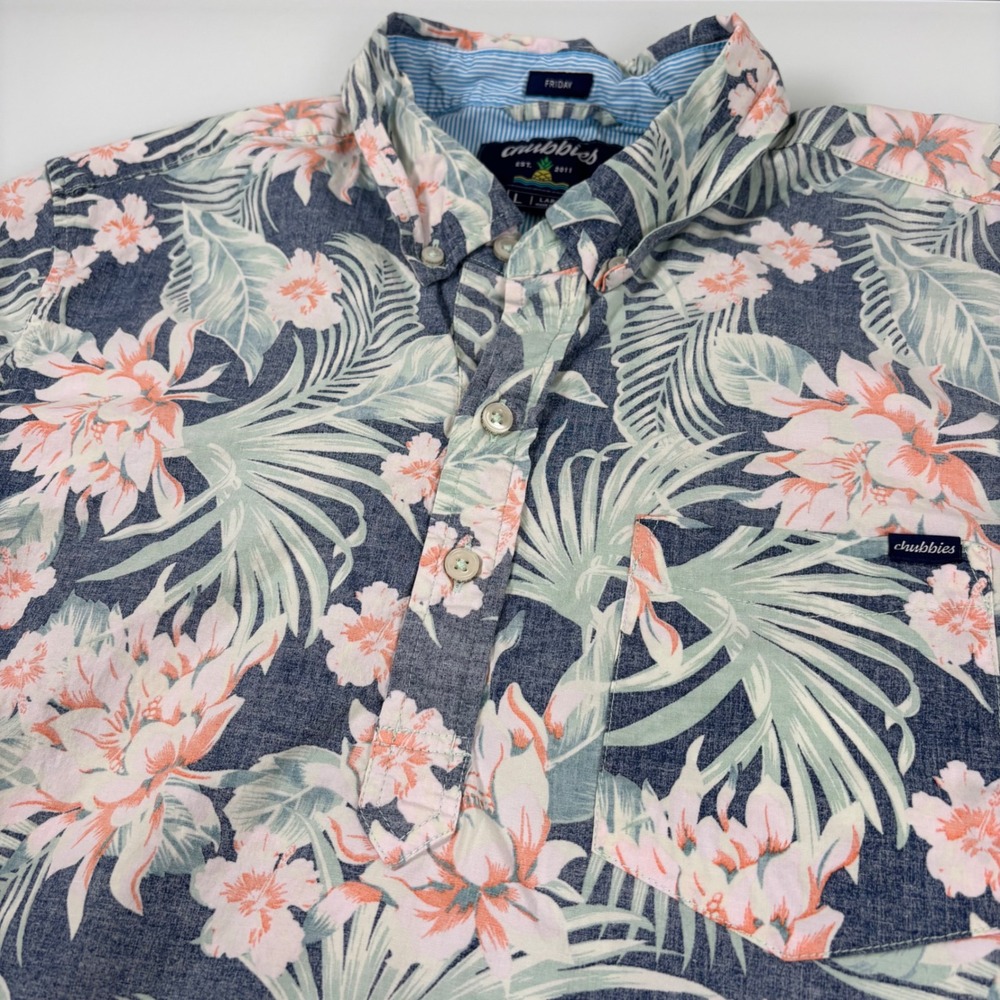 Chubbies Mens‎ Large Blue Floral Hawaiian Short Sleeve Pullover Shirt Friday
